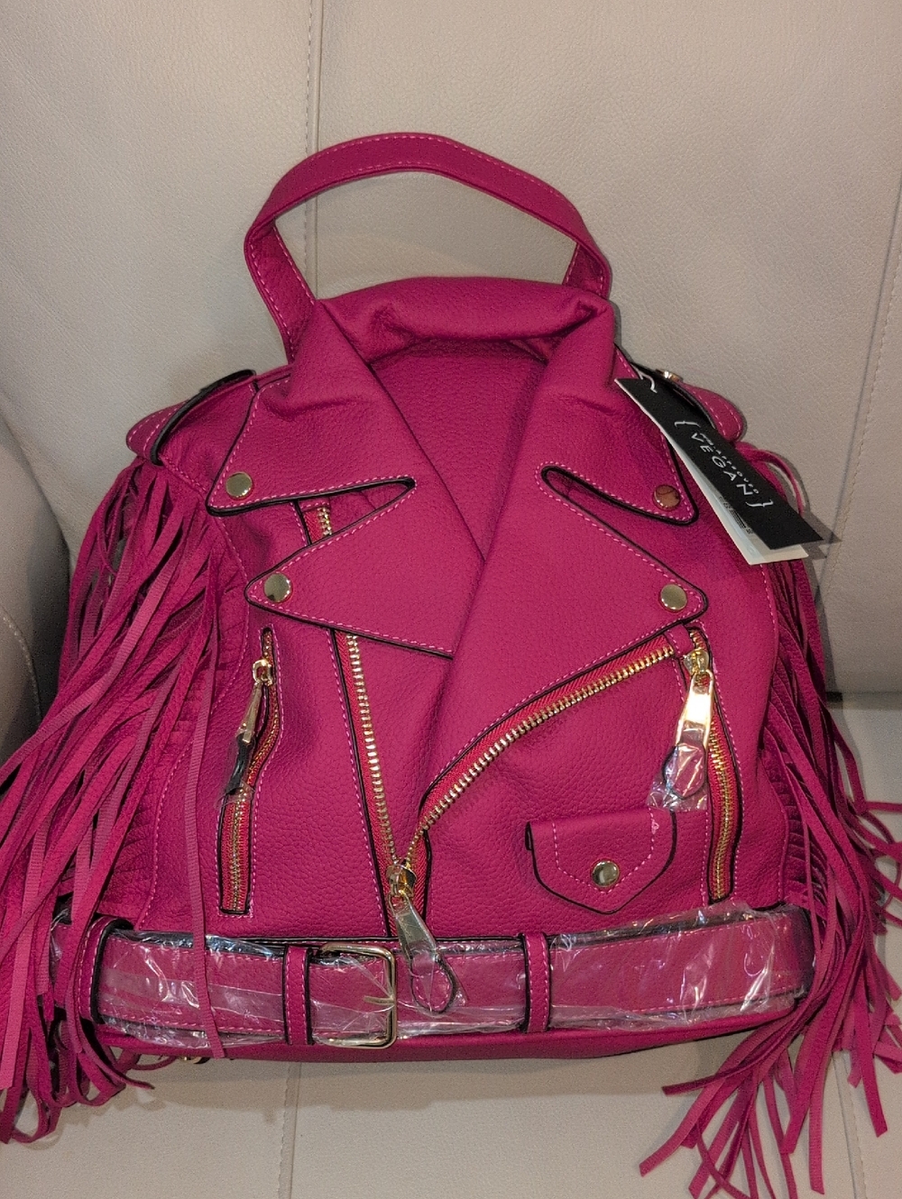 Women's Fuchsia Fringe Moto Backpack with Gold Hardware